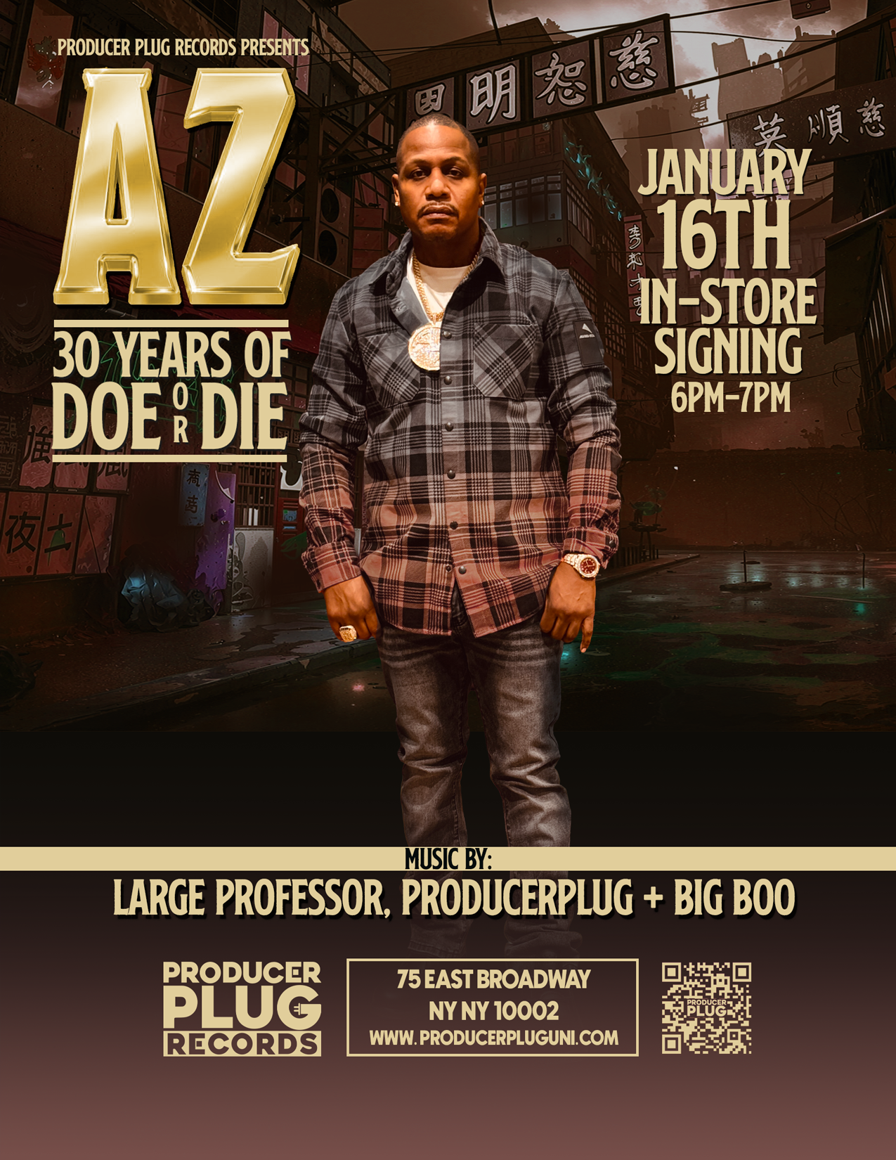 Promotional poster for an in-store signing event featuring a person with text about '30 Years of Doe or Die' and event details.