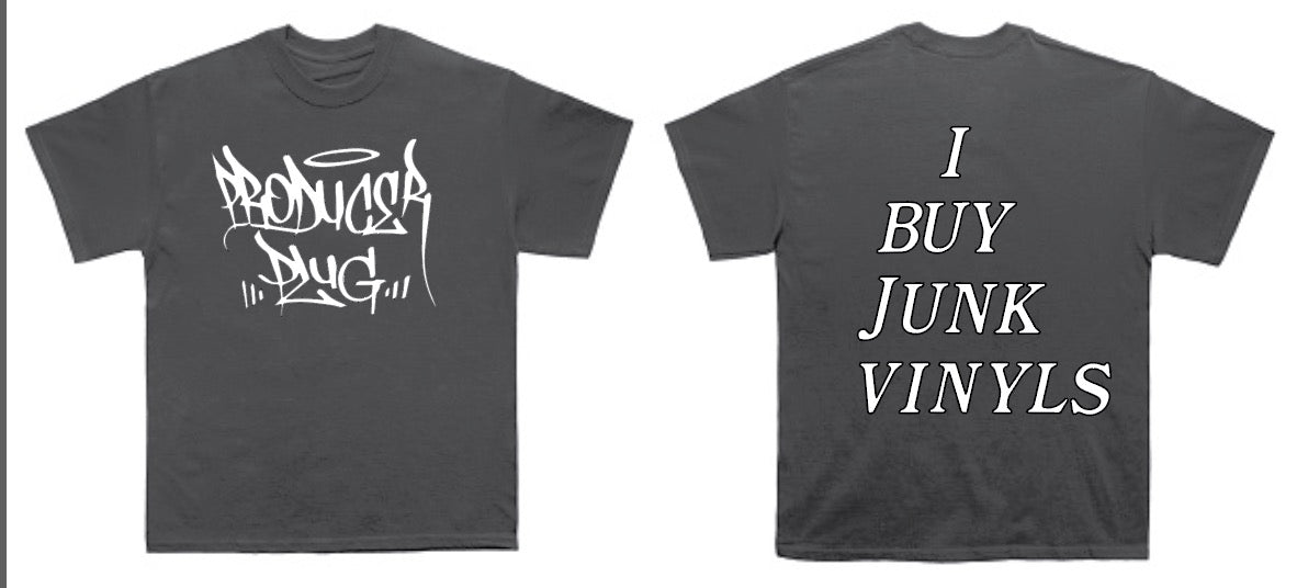I BUY JUNK VINYL BLACK T SHIRT (WHITE TEXT)