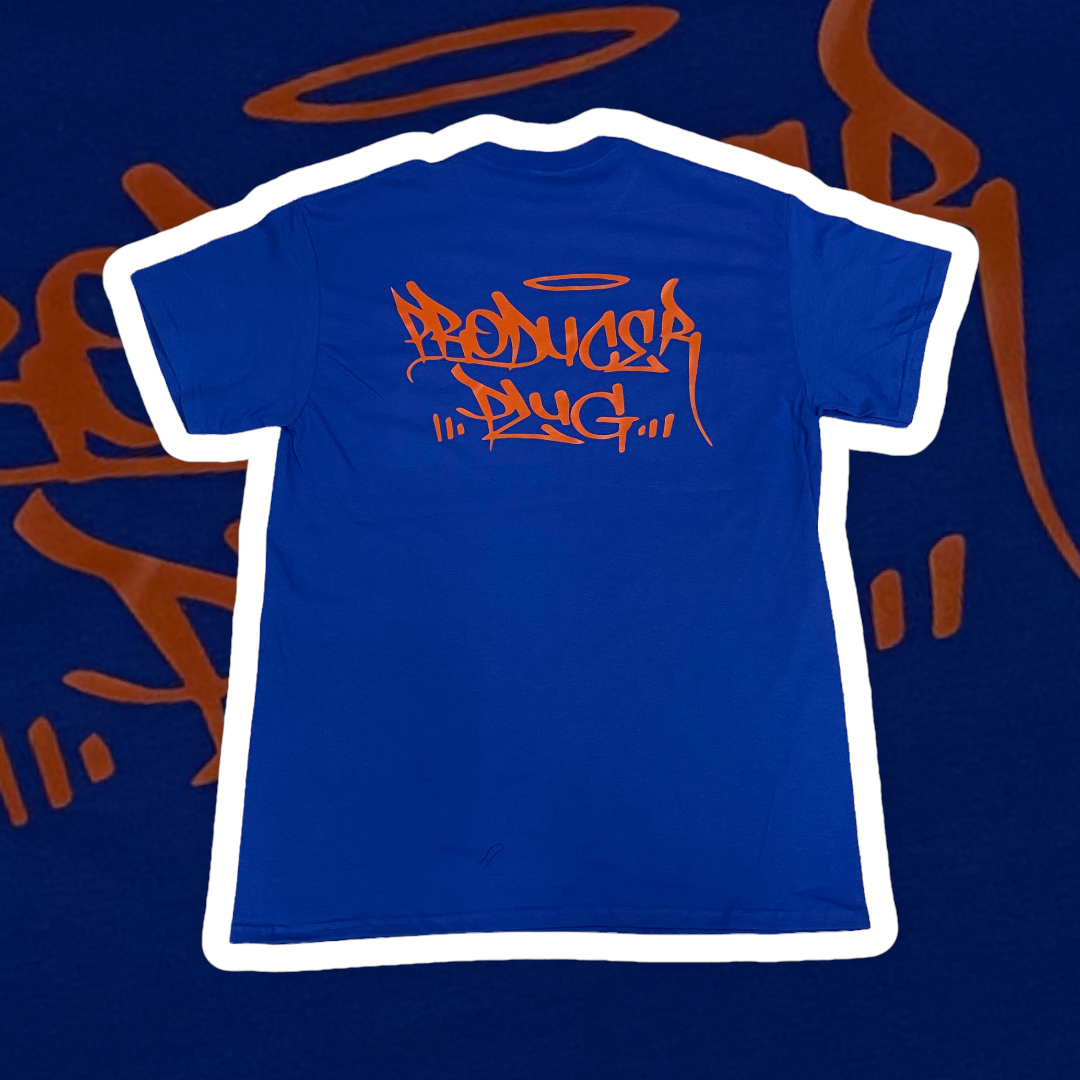LARGE PRO + PRODUCERPLUG ROYAL T SHIRT (ORANGE TEXT)