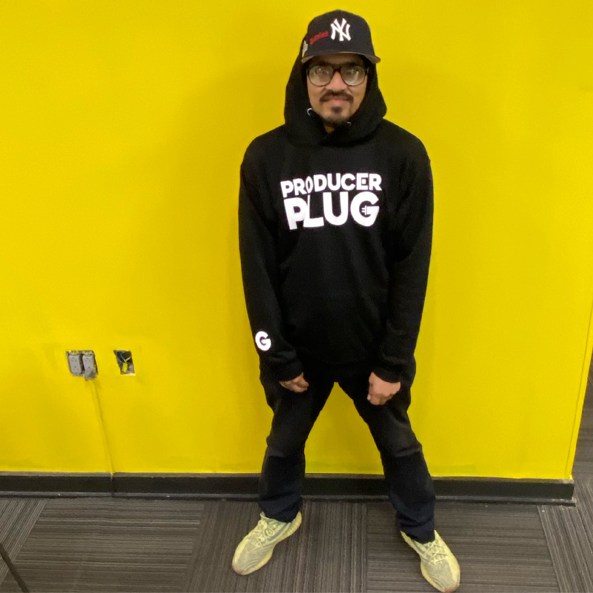 PRODUCERPLUG “G” BLACK HOODIE ( WHITE TEXT)